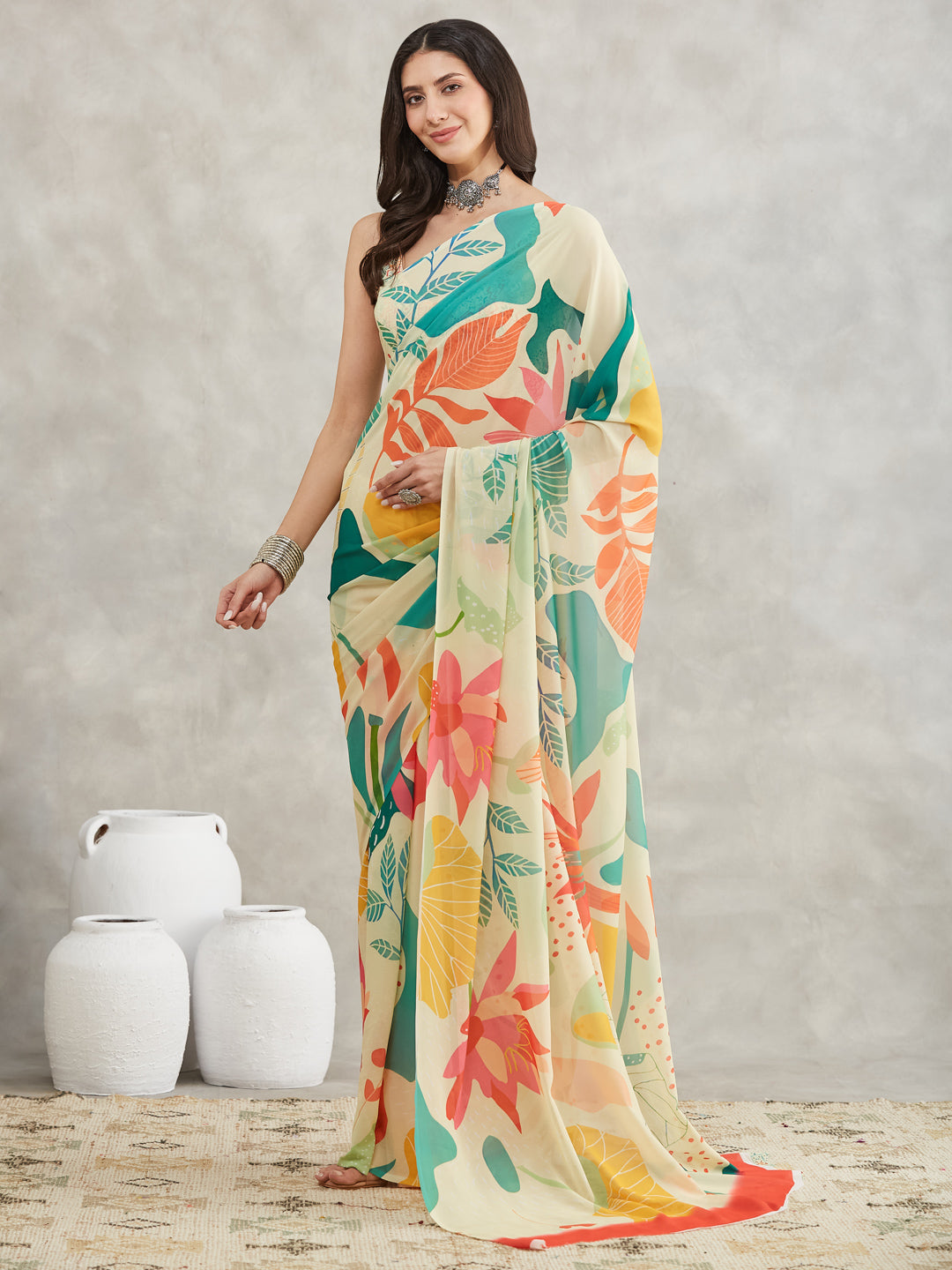 Janasya Multicolor Georgette Tropical Printed Saree