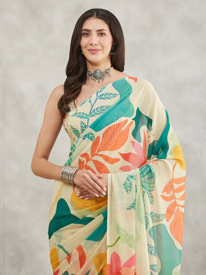Janasya Multicolor Georgette Tropical Printed Saree