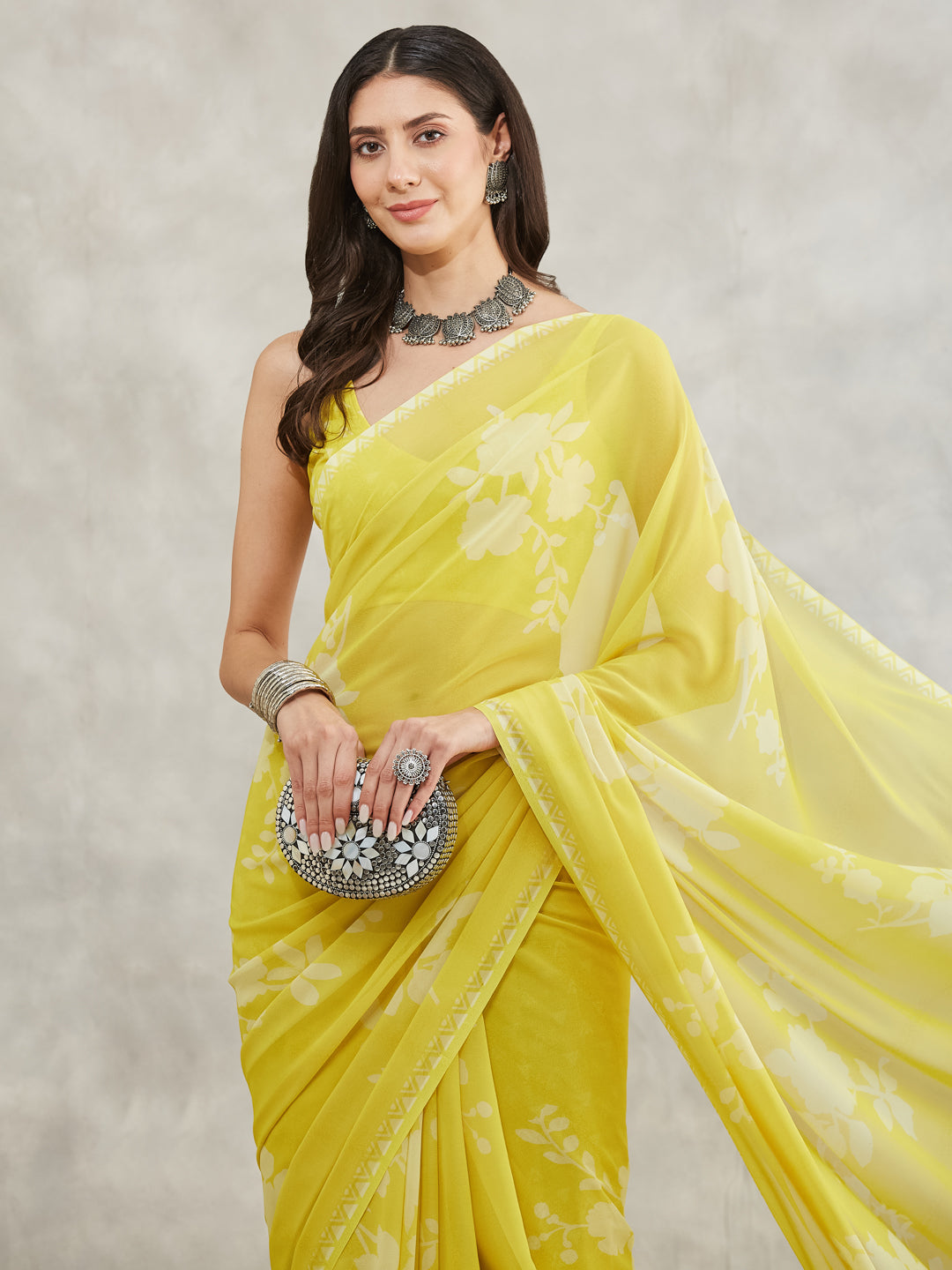 Janasya Lime Yellow Georgette Floral Printed Saree