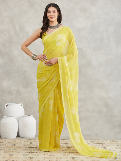 Janasya Lime Yellow Georgette Floral Printed Saree