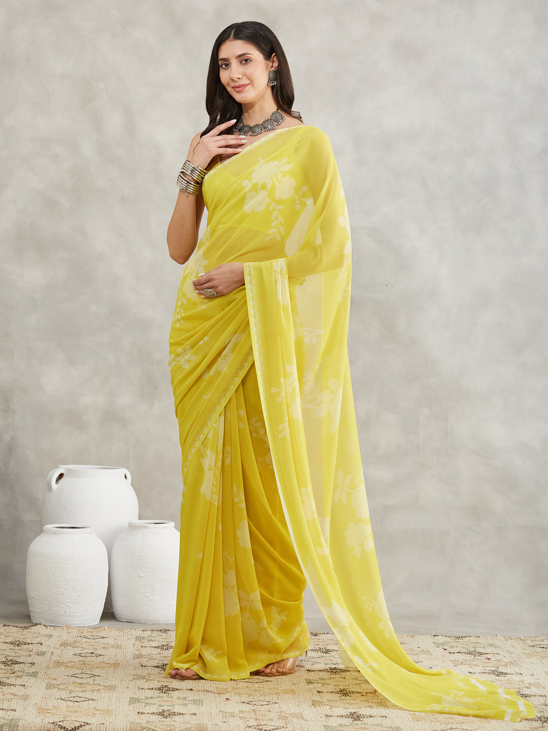 Janasya Lime Yellow Georgette Floral Printed Saree