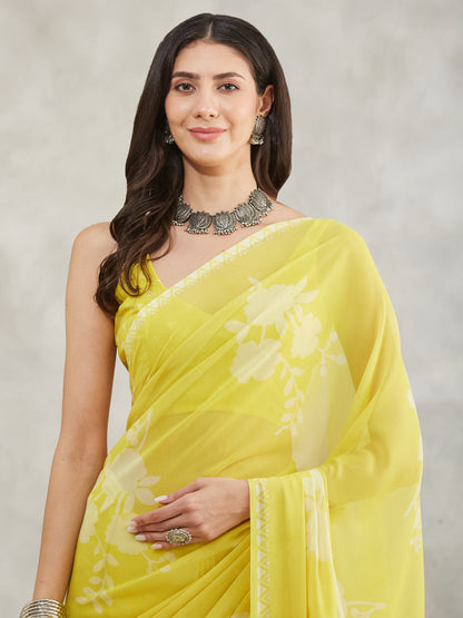 Janasya Lime Yellow Georgette Floral Printed Saree