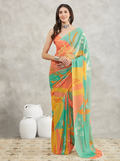 Janasya Multicolor Georgette Floral Printed Saree