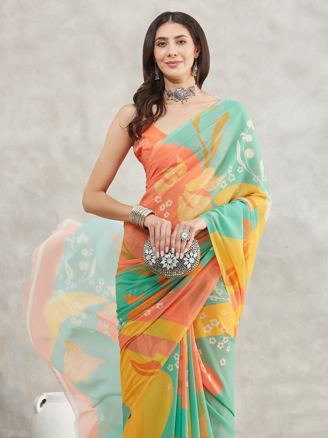 Janasya Multicolor Georgette Floral Printed Saree