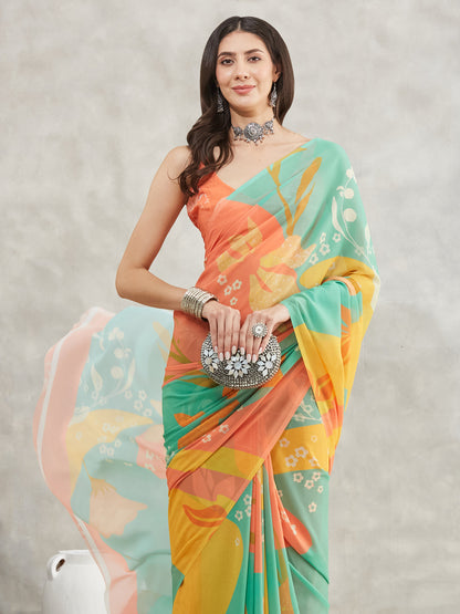 Janasya Multicolor Georgette Floral Printed Saree
