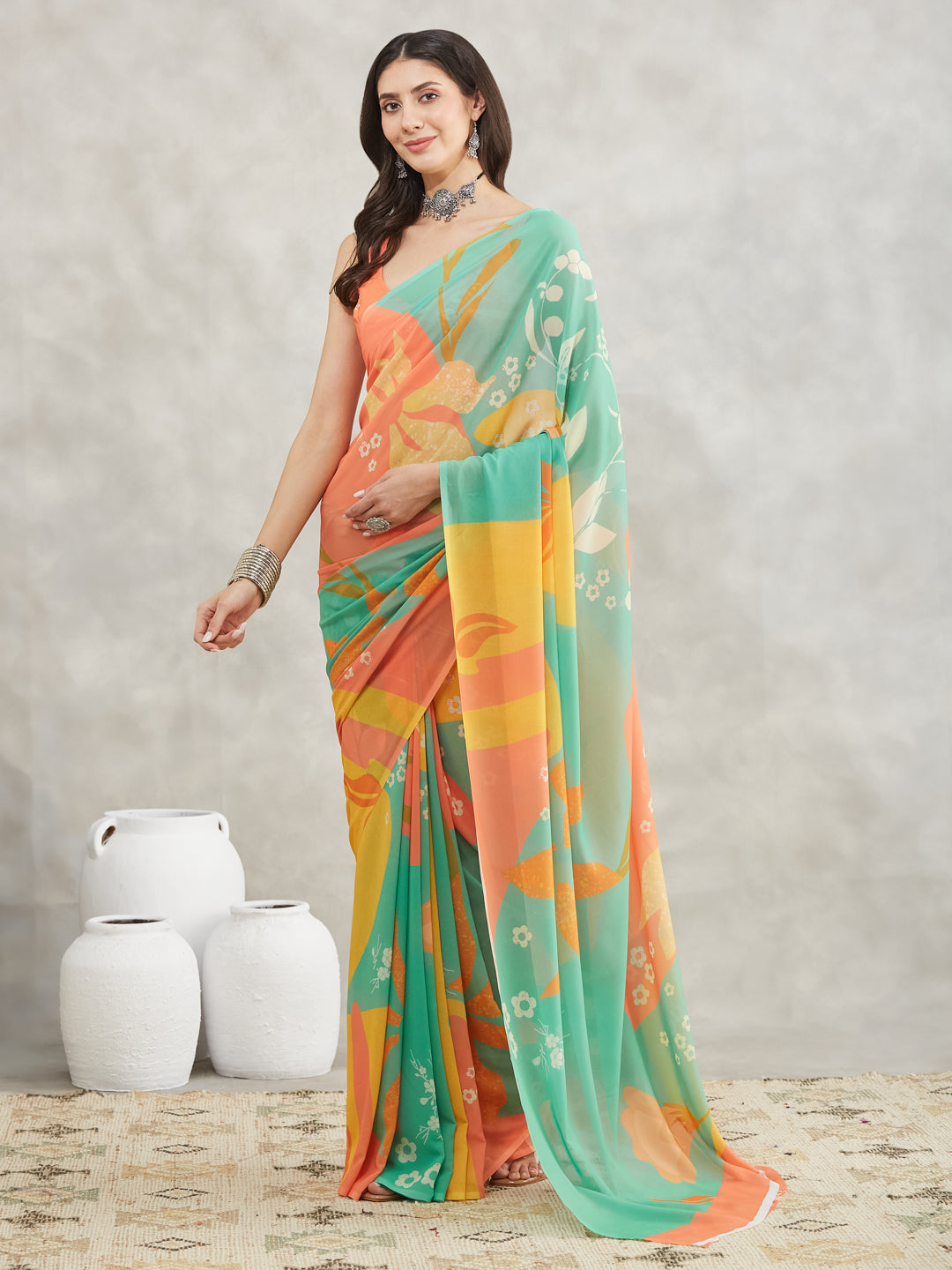 Janasya Multicolor Georgette Floral Printed Saree
