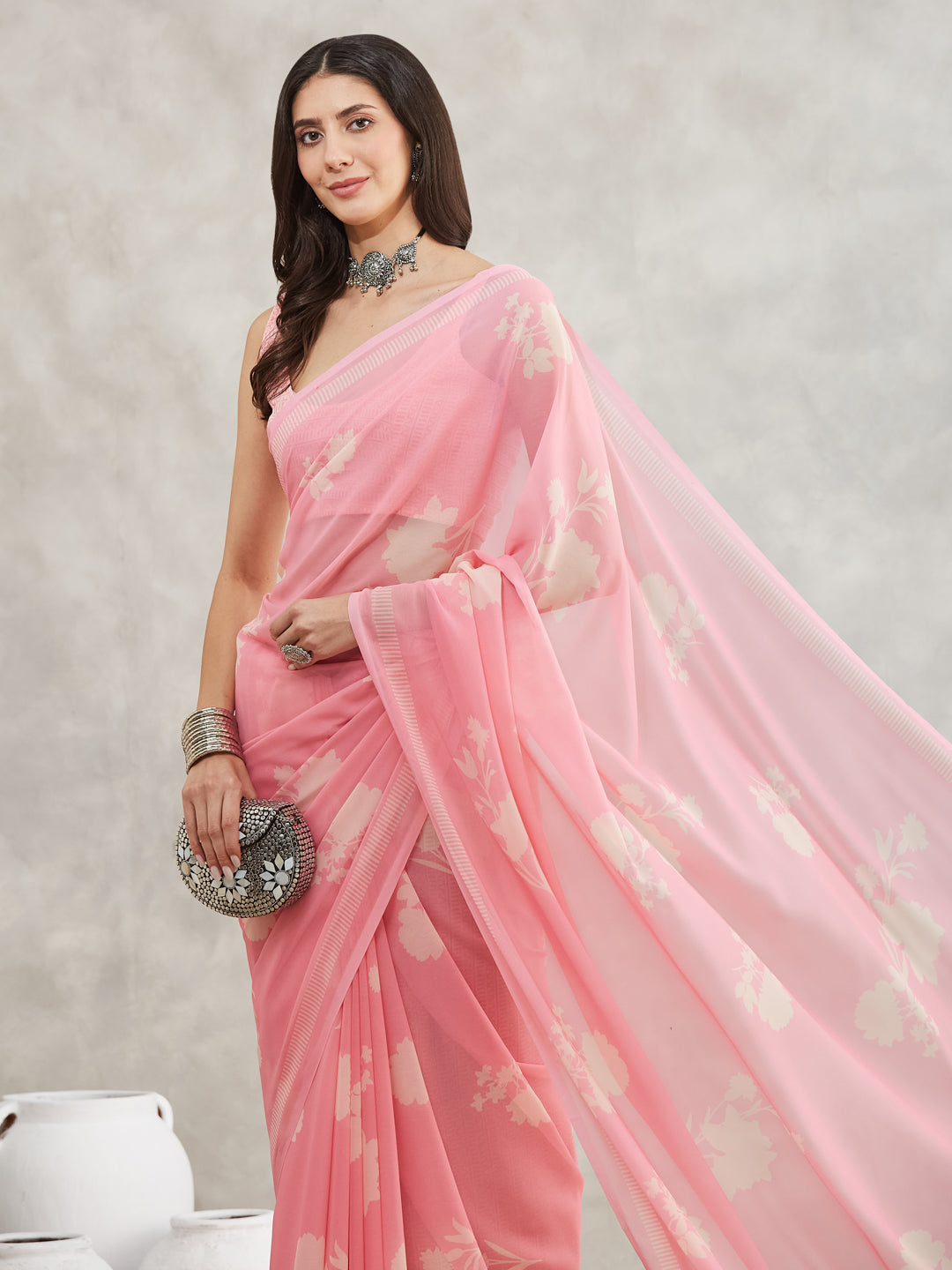 Janasya Light Pink Georgette Floral Printed Saree