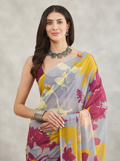 Janasya Grey Georgette Abstract Printed Saree