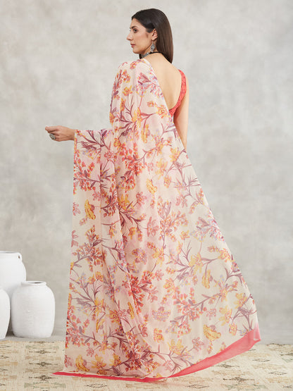 Janasya Cream Georgette Floral Printed Saree