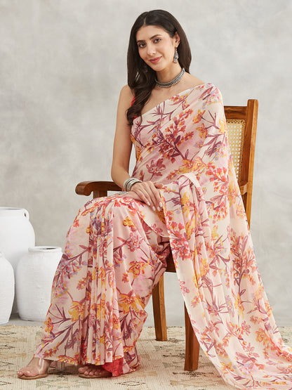 Janasya Cream Georgette Floral Printed Saree