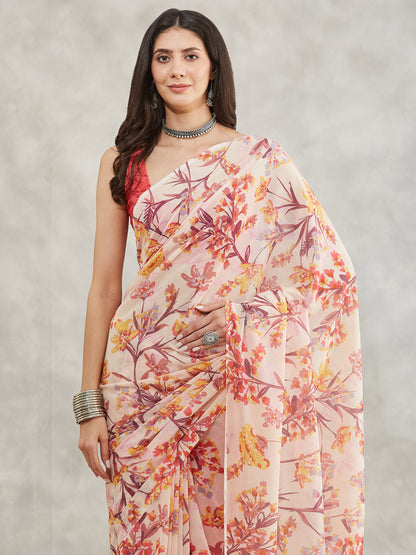 Janasya Cream Georgette Floral Printed Saree