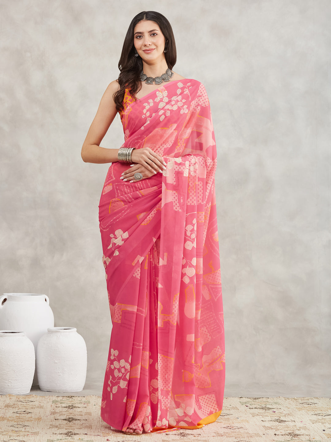 Janasya Pink Georgette Geometric Printed Saree