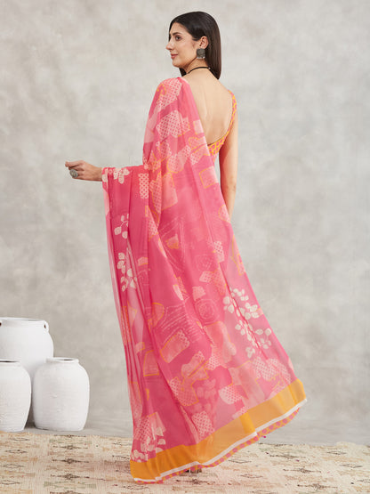 Janasya Pink Georgette Geometric Printed Saree
