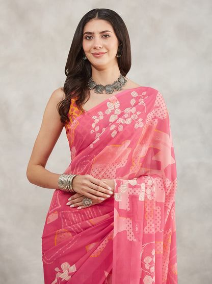 Janasya Pink Georgette Geometric Printed Saree
