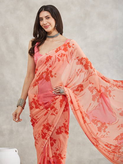 Janasya Peach Georgette Floral Printed Saree