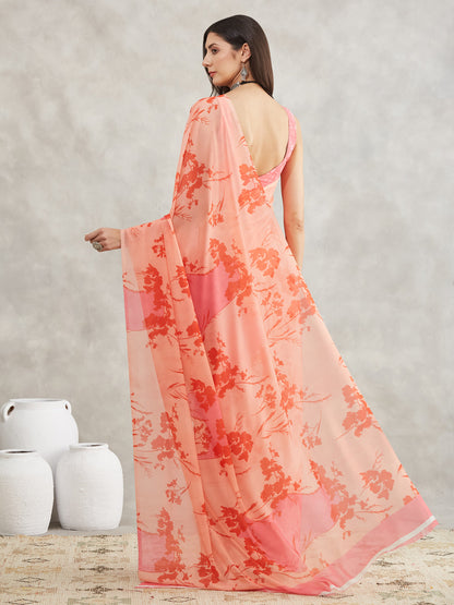 Janasya Peach Georgette Floral Printed Saree