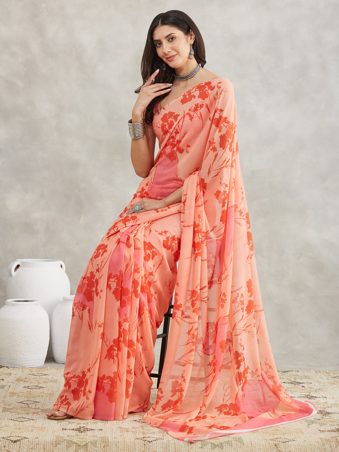 Janasya Peach Georgette Floral Printed Saree