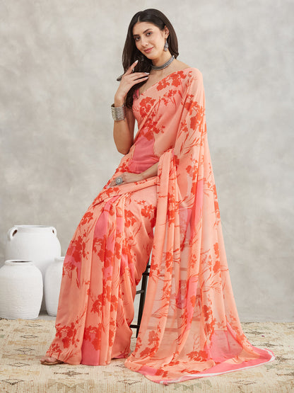 Janasya Peach Georgette Floral Printed Saree