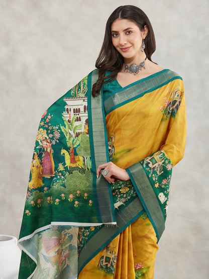 Janasya Mustard Silk Blend Ethnic Motifs Printed Saree