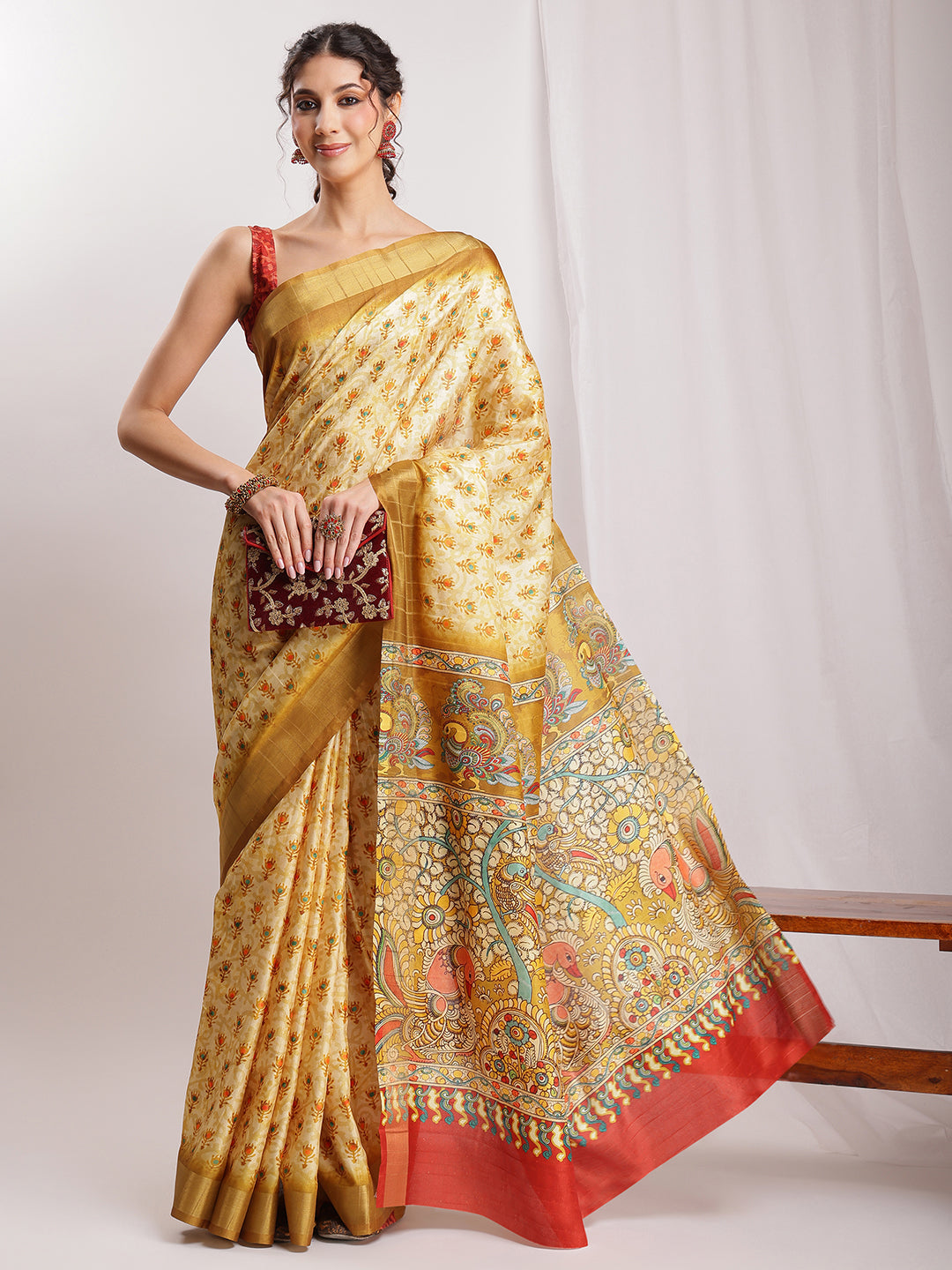 Janasya Olive Green Silk Blend Kalamkari Printed Saree