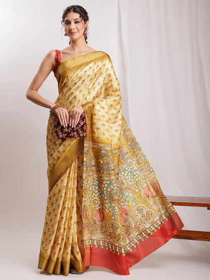 Janasya Olive Green Silk Blend Kalamkari Printed Saree