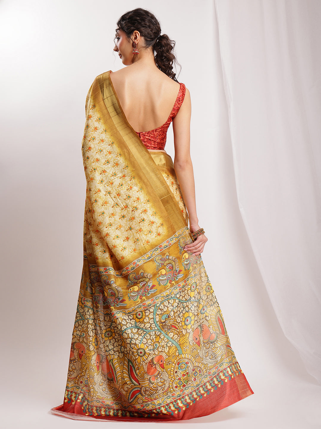 Janasya Olive Green Silk Blend Kalamkari Printed Saree