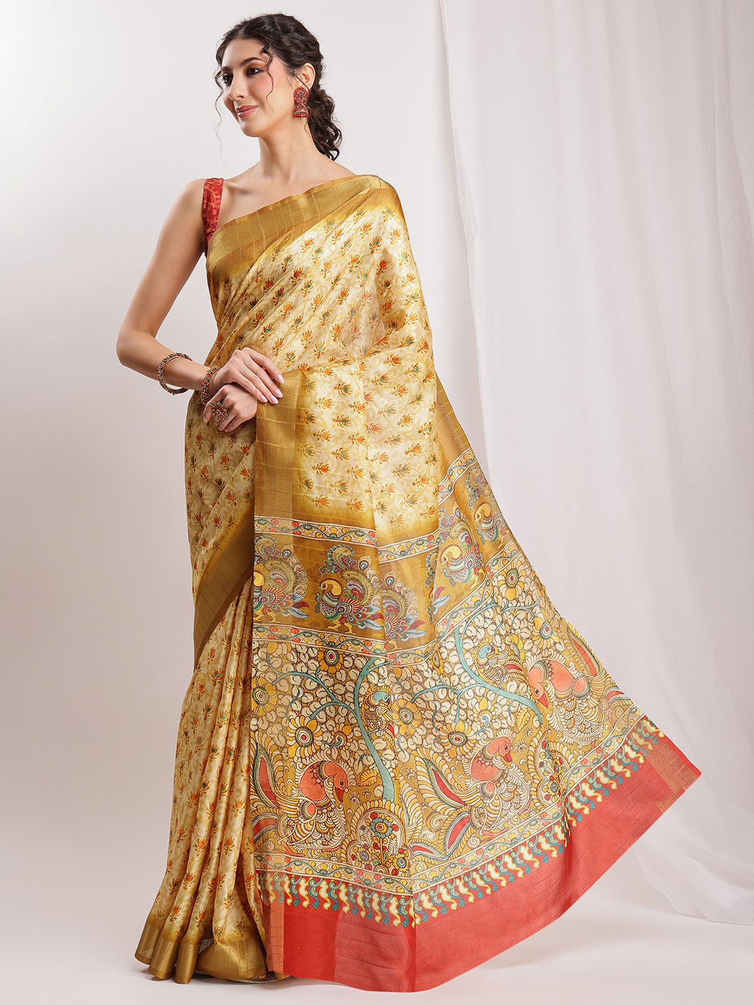 Janasya Olive Green Silk Blend Kalamkari Printed Saree