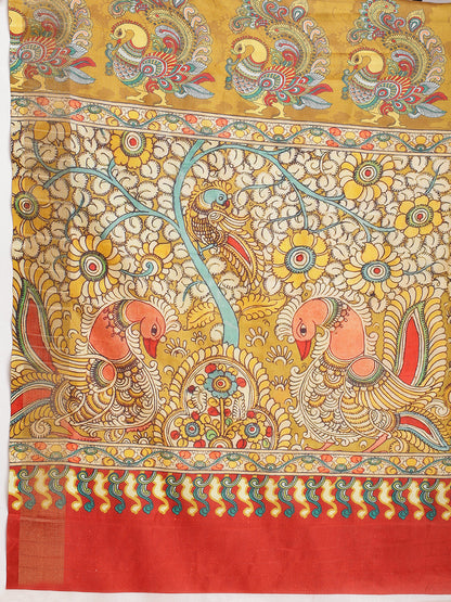 Janasya Olive Green Silk Blend Kalamkari Printed Saree