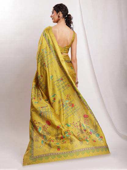 Janasya Green Silk Blend Ethnic Motifs Printed Saree