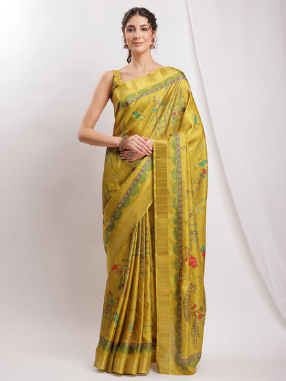 Janasya Green Silk Blend Ethnic Motifs Printed Saree