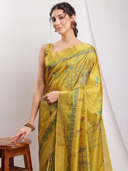 Janasya Green Silk Blend Ethnic Motifs Printed Saree