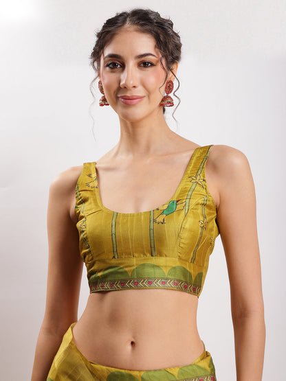 Janasya Green Silk Blend Ethnic Motifs Printed Saree