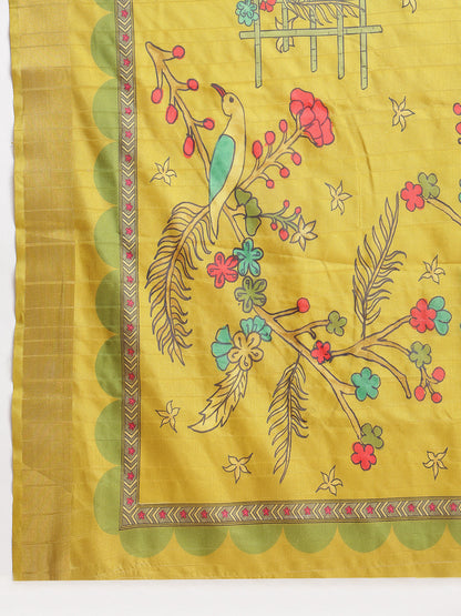 Janasya Green Silk Blend Ethnic Motifs Printed Saree