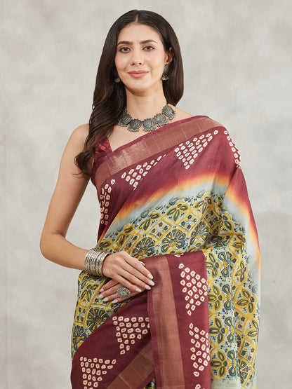 Janasya Yellow Silk Blend Ethnic Motifs Printed Saree