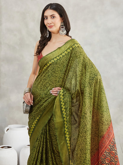Janasya Mehndi Green Silk Blend Bandhani Printed Saree