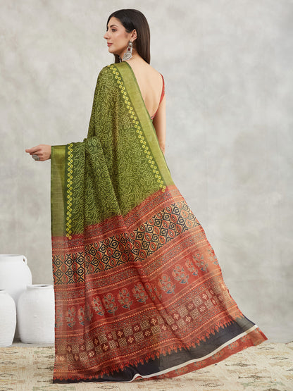 Janasya Mehndi Green Silk Blend Bandhani Printed Saree