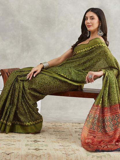 Janasya Mehndi Green Silk Blend Bandhani Printed Saree