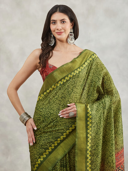 Janasya Mehndi Green Silk Blend Bandhani Printed Saree