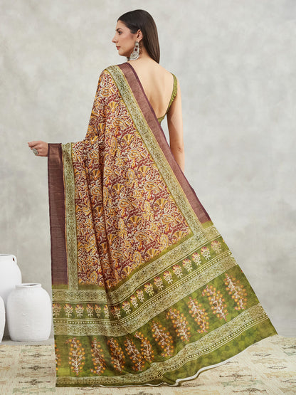 Janasya Burgundy Silk Blend Paisley Printed Saree