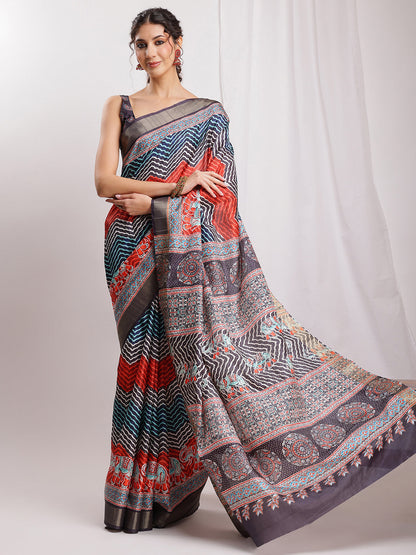 Janasya Multicolor Silk Blend Chevron Printed Saree