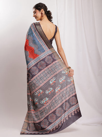 Janasya Multicolor Silk Blend Chevron Printed Saree