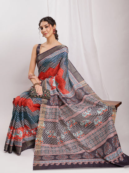 Janasya Multicolor Silk Blend Chevron Printed Saree