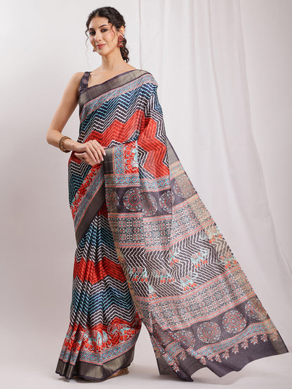 Janasya Multicolor Silk Blend Chevron Printed Saree