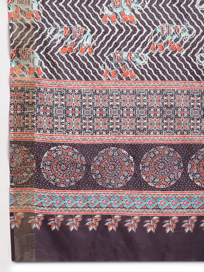 Janasya Multicolor Silk Blend Chevron Printed Saree