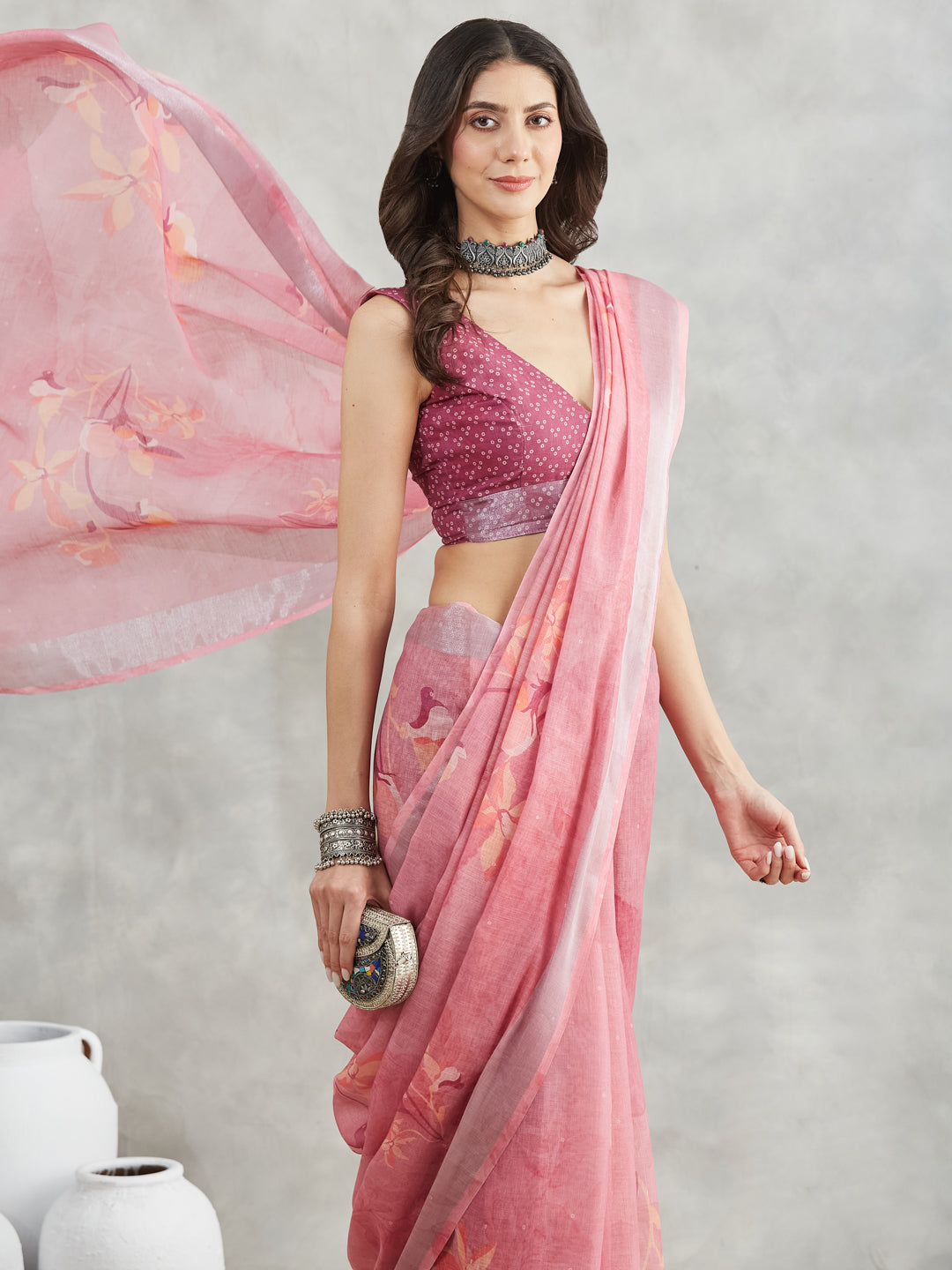 Janasya Mauve Linen Blend Floral Printed Saree