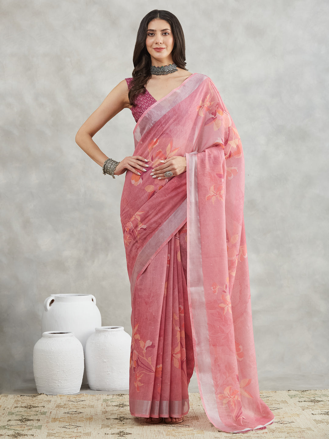 Janasya Mauve Linen Blend Floral Printed Saree