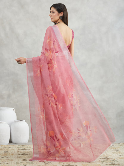 Janasya Mauve Linen Blend Floral Printed Saree