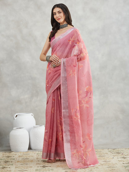 Janasya Mauve Linen Blend Floral Printed Saree
