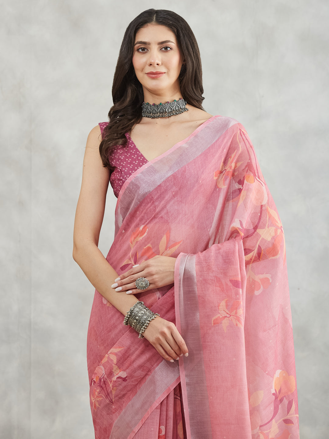 Janasya Mauve Linen Blend Floral Printed Saree
