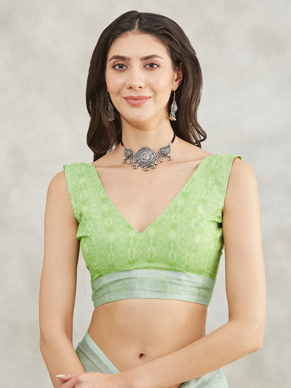 Janasya Sea Green Linen Blend Abstract Printed Saree